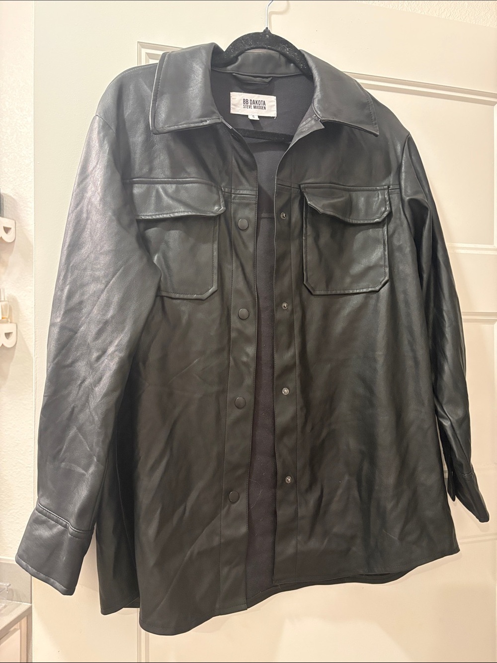 BB Dakota Black Faux Leather Shacket with Chest Pockets